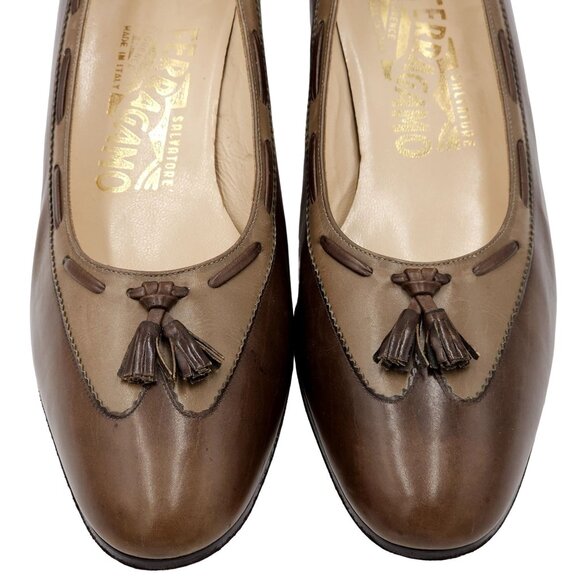 Vintage Salvatore Ferragamo Womens 7.5 Brown Tan Italy Leather Dress Pumps Heels - Picture 2 of 11